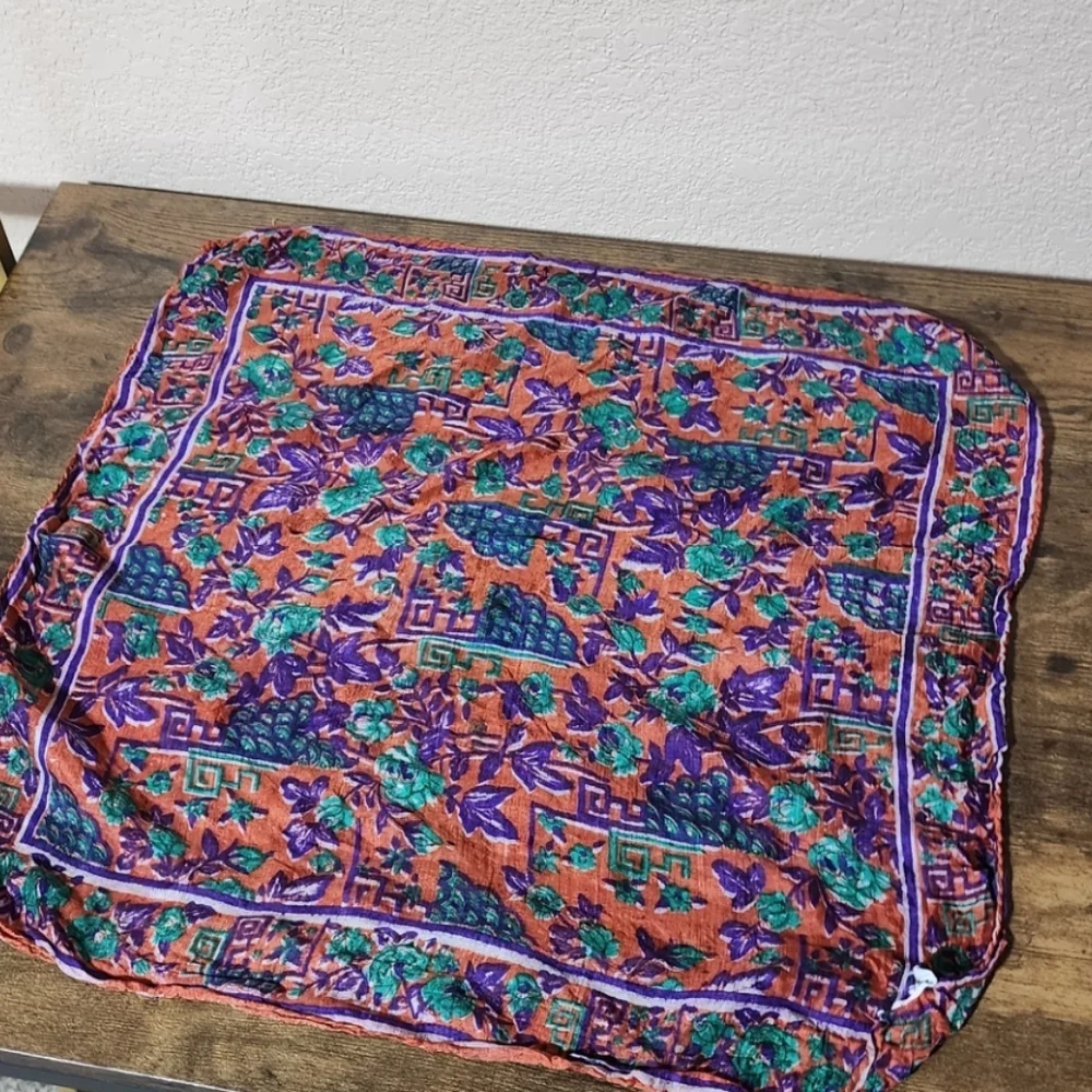 VINTAGE 60S SILK NECK SCARF MOD FLORAL GEOMETRIC ORANGE GREEN SQUARE MINI